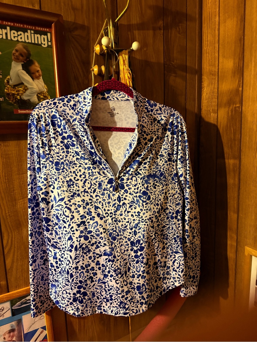 Emerald Blue and White Floral Button Pullover